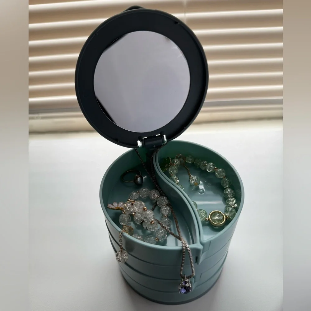 NEW 4-Tier Blue Rotating Jewelry Organizer w/ Mirror